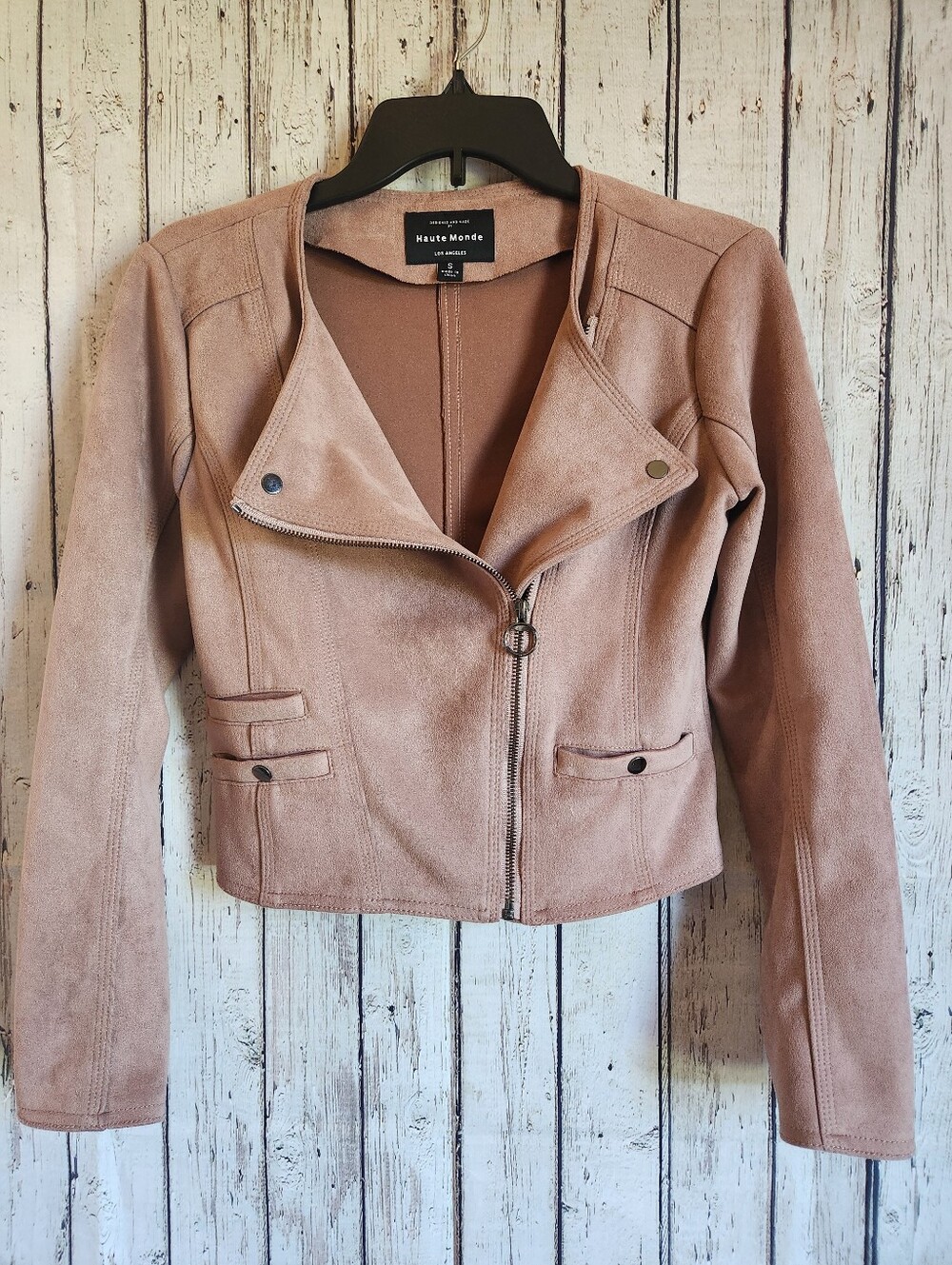 Haute Monde Faux Suede Moto Jacket Small S Pink Blush Zip Crop